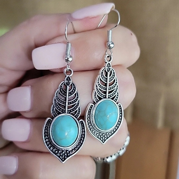 Turquoise Embellished Feather Drop Earrings - Picture 1 of 6